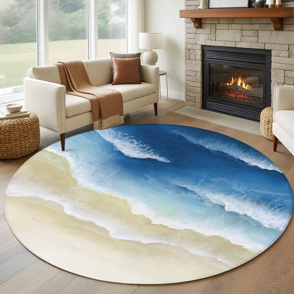 Round Area Rug 7 Ft, Navy Blue Ombre Ocean Washable Non-Slip Circle Carpet for Living Room/Bedroom, Watercolor Coastal Beach Waves Low-Profile Large Runner Mat Collection Rugs for Indoor