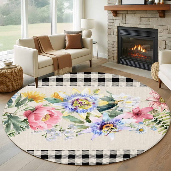 Round Area Rug 7 Ft, Pink Spring Floral Washable Non-Slip Circle Carpet for Living Room/Bedroom, Black White Plaid Pastoral Flowers Rustic Low-Profile Large Runner Mat Collection Rugs for Indoor