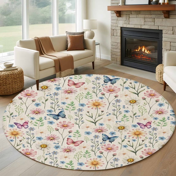 Round Area Rug 7 Ft, Pink Spring Floral Washable Non-Slip Circle Carpet for Living Room/Bedroom, Elegant Pastoral Flowers Butterflies Rustic Low-Profile Large Runner Mat Collection Rugs for Indoor