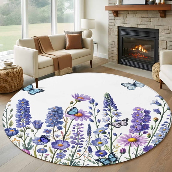 Round Area Rug 7 Ft, Purple Floral Washable Non-Slip Circle Carpet for Living Room/Bedroom, Spring Lavender Daisy Butterflies Botanical Low-Profile Large Runner Mat Collection Rugs for Indoor