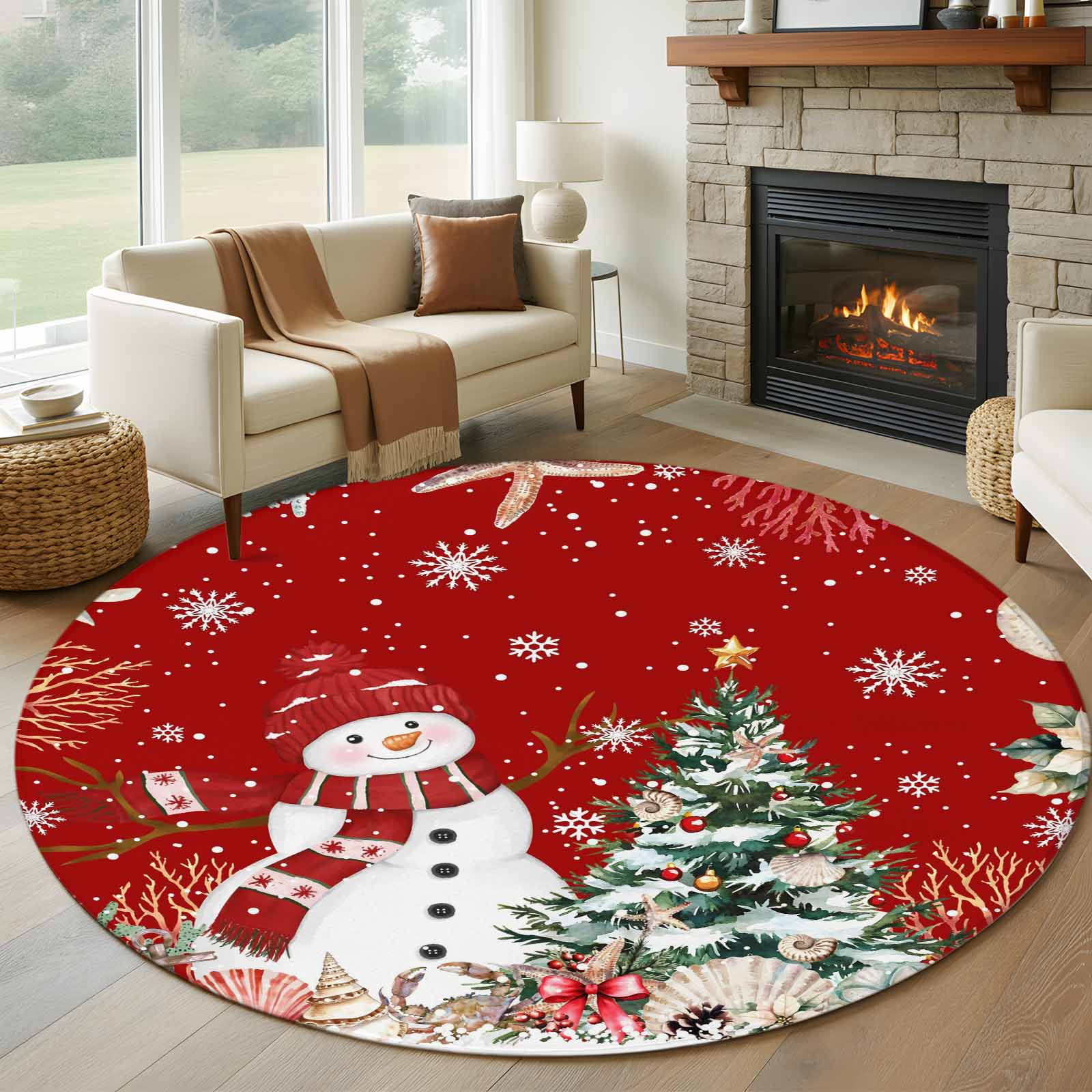 Round Area Rug 7 Ft, Red Christmas Washable Non-Slip Circle Carpet for ...