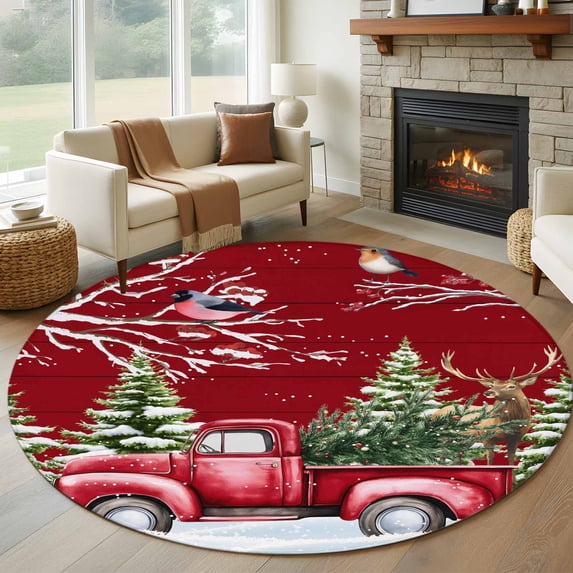 Round Area Rug 7 Ft, Red Christmas Washable Non-Slip Circle Carpet for Living Room/Bedroom, Truck Birds Xmas Tree Snowflake Wooden Low-Profile Large Runner Mat Collection Rugs for Indoor