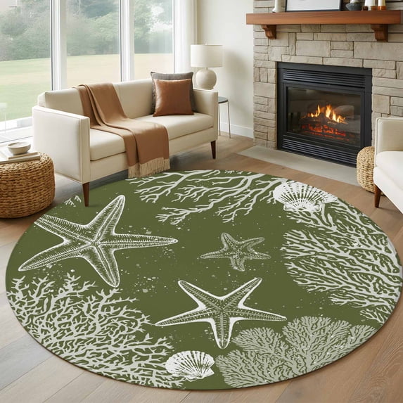 Round Area Rug 7 Ft, Sage Green Coastal Washable Non-Slip Circle Carpet for Living Room/Bedroom, Starfish Coral Summer Beach Ocean Low-Profile Large Runner Mat Collection Rugs for Indoor