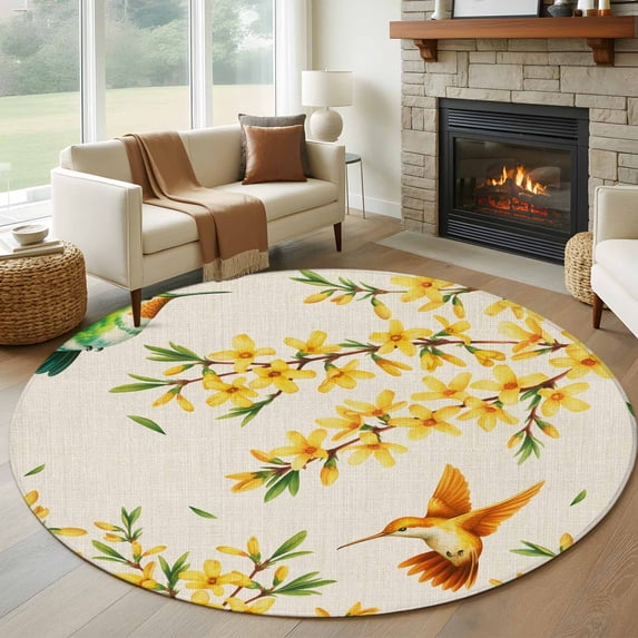 Round Area Rug 7 Ft, Spring Floral Washable Non-Slip Circle Carpet for Living Room/Bedroom, Watercolor Forsythia Flowers Hummingbirds Beige Low-Profile Large Runner Mat Collection Rugs for Indoor