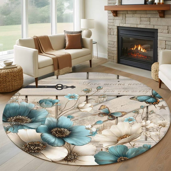 Round Area Rug 7 Ft, Teal Tulip Butterfly Washable Non-Slip Circle Carpet for Living Room/Bedroom, Beige Turquoise Floral Farmhouse Wooden Low-Profile Large Runner Mat Collection Rugs for Indoor
