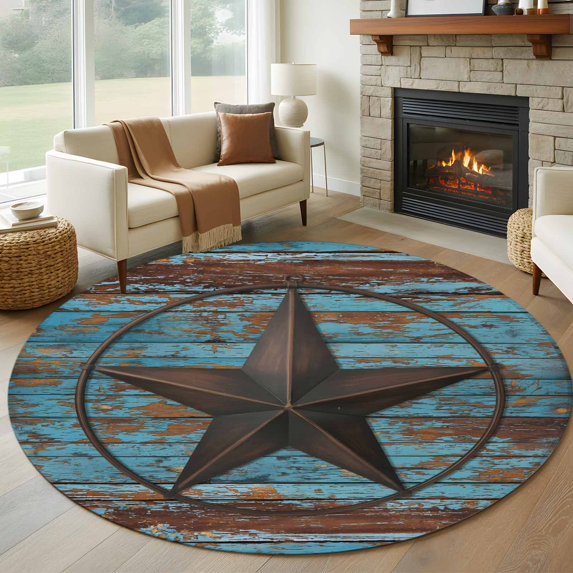 Round Area Rug 7 Ft, Texas Star Brown Washable Non-Slip Circle Carpet for Living Room/Bedroom, Vintage Farm Barn Blue Wooden Texture Low-Profile Large Runner Mat Collection Rugs for Indoor