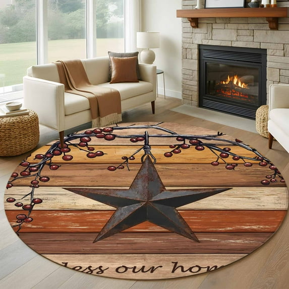 Round Area Rug 7 Ft, Texas Star Vintage Washable Non-Slip Circle Carpet for Living Room/Bedroom, Berry Burnt Orange Brown Wooden Low-Profile Large Runner Mat Collection Rugs for Indoor