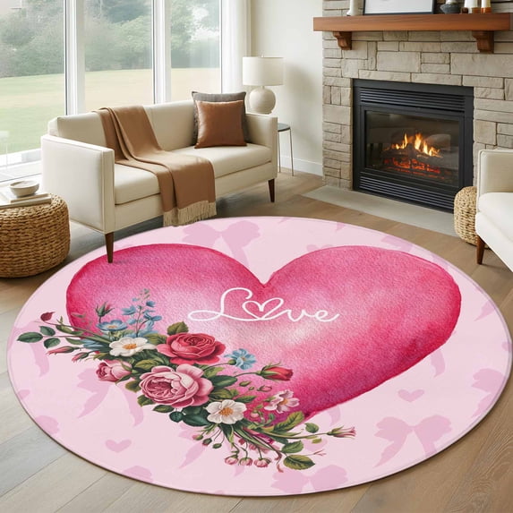 Round Area Rug 7 Ft, Valentines Day Washable Non-Slip Circle Carpet for Living Room/Bedroom, Pink Love Hearts Roses Floral Romantic Low-Profile Large Runner Mat Collection Rugs for Indoor
