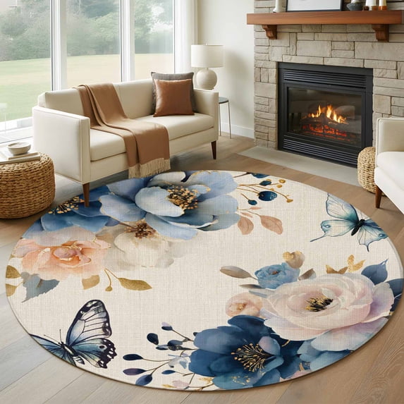 Round Area Rug 7 Ft, Vintage Blue Floral Washable Non-Slip Circle Carpet for Living Room/Bedroom, Butterflies Watercolor Flower Linen Low-Profile Large Runner Mat Collection Rugs for Indoor
