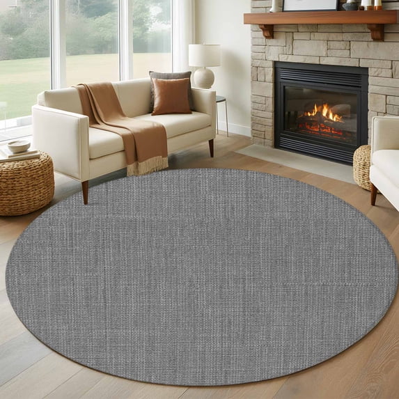 Round Area Rug 7 Ft, Vintage Dark Gray Washable Non-Slip Circle Carpet for Living Room/Bedroom, Farmhouse Retro Solid Color Linen Texture Low-Profile Large Runner Mat Collection Rugs for Indoor