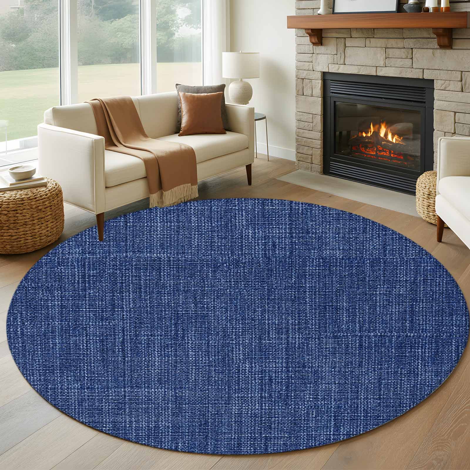 Round Area Rug 7 Ft, Vintage Navy Blue Washable Non-Slip Circle