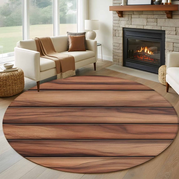 Round Area Rug 7 Ft, Western Barn Door Washable Non-Slip Circle Carpet for Living Room/Bedroom, Country Farmhouses Wooden Grain Brown Low-Profile Large Runner Mat Collection Rugs for Indoor