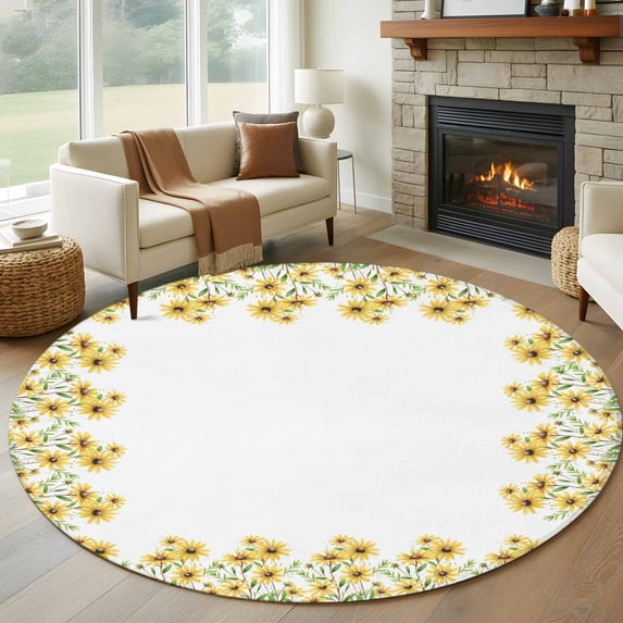 Round Area Rug 7 Ft, Yellow Daisy Washable Non-Slip Circle Carpet for Living Room/Bedroom, Spring Summer Pastoral Garden Floral Blossom Low-Profile Large Runner Mat Collection Rugs for Indoor