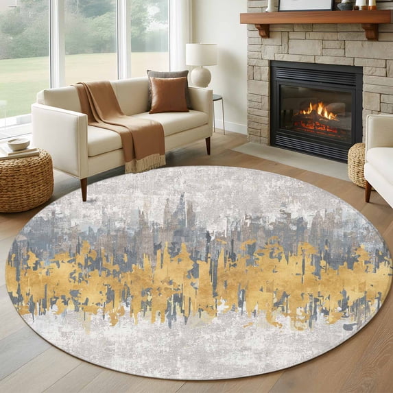 Round Area Rug 7 Ft, Yellow Grey Abstract Washable Non-Slip Circle Carpet for Living Room/Bedroom, Gradient Geometric Graffiti Modern Art Low-Profile Large Runner Mat Collection Rugs for Indoor