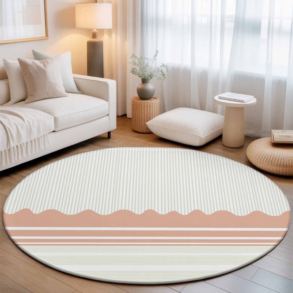 Round Area Rug 7ft,Abstract Orange Waves Stripe Living Room Rug Non-Slip Washable Circle Rugs Pad,Modern Minimalist Style Soft Floor Carpet for Bedroom Dining Room