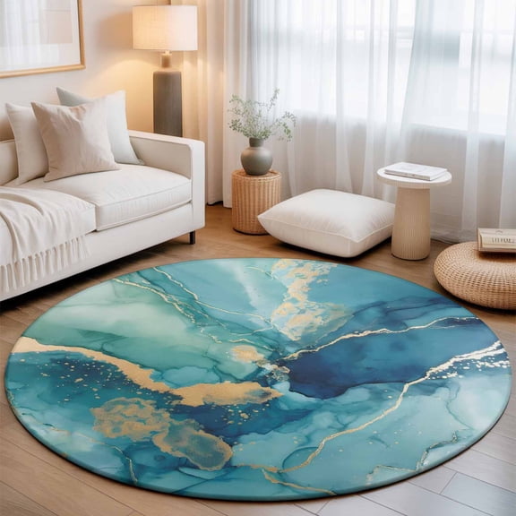 Round Area Rug 7ft,Abstracts Turquoise Marble Stripe Living Room Rug Non-Slip Washable Circle Rugs Pad,Farm Stone Texture Soft Floor Carpet for Bedroom Dining Room