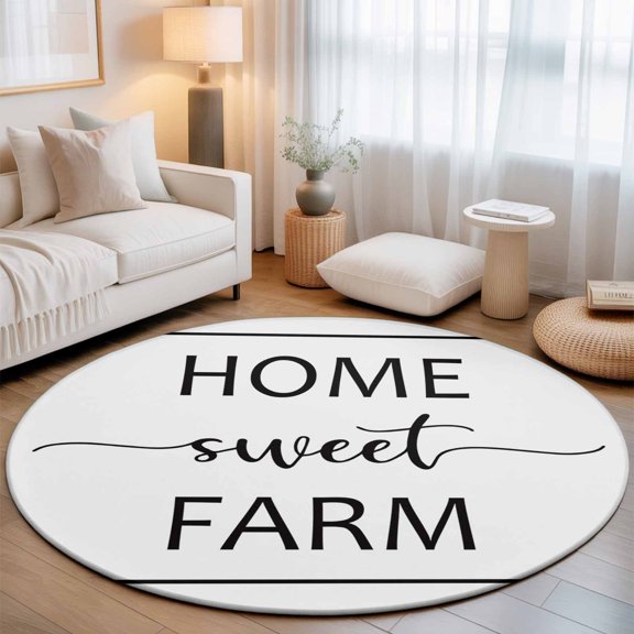 Round Area Rug 7ft,Black Farm Sweet Home Quote Living Room Rug Non-Slip Washable Circle Rugs Pad,Minimalist Word on White Soft Floor Carpet for Bedroom Dining Room