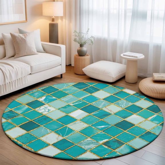 Round Area Rug 7ft,Turquoise Teal Marble Texture Living Room Rug Non-Slip Washable Circle Rugs Pad,Golden Lattice Metal Lines Soft Floor Carpet for Bedroom Dining Room