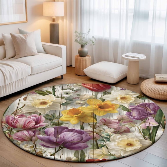 Round Area Rug 7ft,Watercolor Spring Turquoise Tulips Living Room Rug Non-Slip Washable Circle Rugs Pad,Abstract Floral Wall Soft Floor Carpet for Bedroom Dining Room