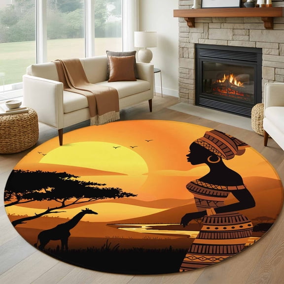Round Area Rug 8 Ft, Africa Black Women Washable Non-Slip Circle Carpet for Living Room/Bedroom, African Native Ethnic Sunset Collection Low-Profile Large Area Rugs for Indoor
