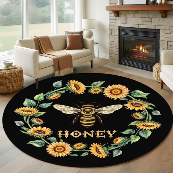 Round Area Rug 8 Ft, Black Sunflowers Bees Washable Non-Slip Circle Carpet for Living Room/Bedroom, Farmhouse Honey Floral Rings Collection Low-Profile Large Area Rugs for Indoor