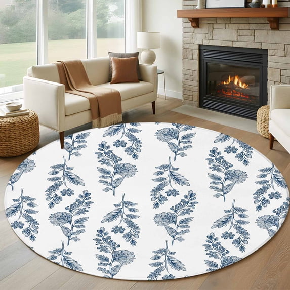 Round Area Rug 8 Ft, Blue Botanical Washable Non-Slip Circle Carpet for Living Room/Bedroom, Pastoral Elegant Spring Floral Collection Low-Profile Large Area Rugs for Indoor