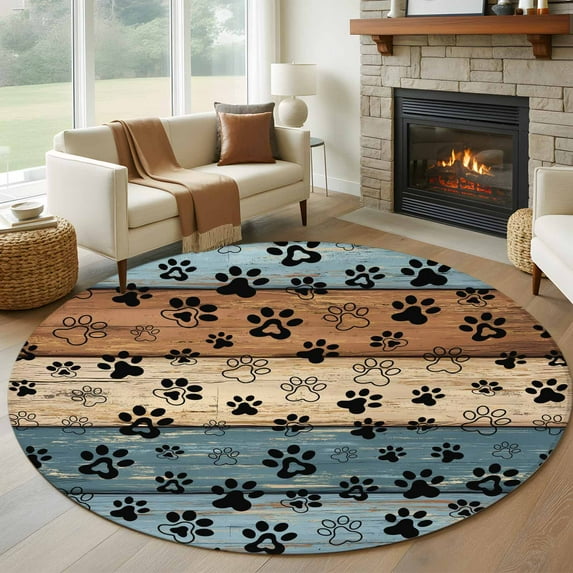 Round Area Rug 8 Ft, Blue Brown Washable Non-Slip Circle Carpet for Living Room/Bedroom, Rustic Farmhouse Dog Paw Vintage Collection Low-Profile Large Area Rugs for Indoor