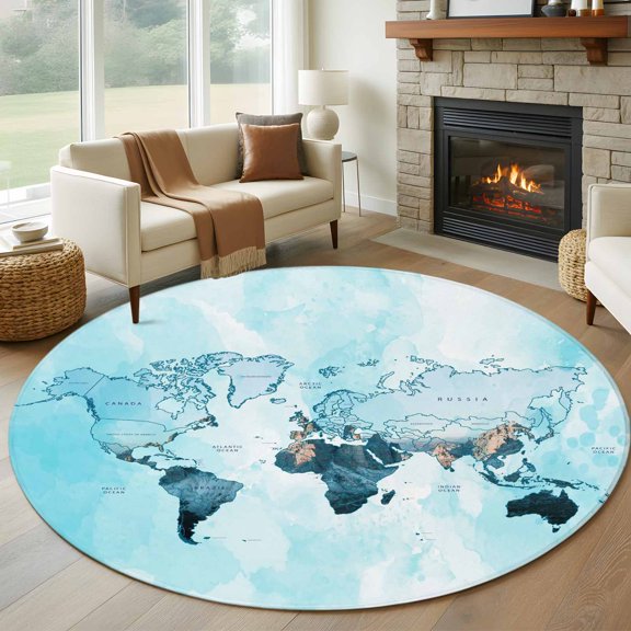 Round Area Rug 8 Ft, Blue Maps Washable Non-Slip Circle Carpet for Living Room/Bedroom, Abstract World Map Ocean Modern Collection Low-Profile Large Area Rugs for Indoor