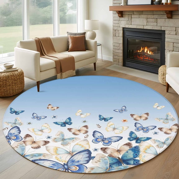 Round Area Rug 8 Ft, Blue Ombre Butterfly Washable Non-Slip Circle Carpet for Living Room/Bedroom, Pastoral Farmhouse Butterflies Collection Low-Profile Large Area Rugs for Indoor