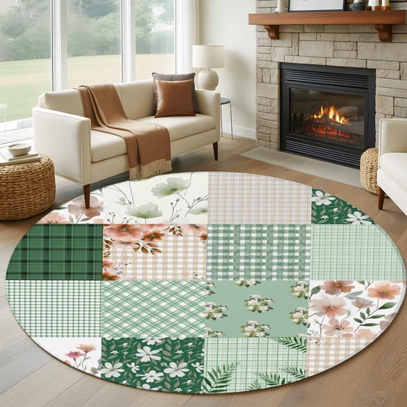 Round Area Rug 8 Ft, Boho Spring Floral Washable Non-Slip Circle Carpet for Living Room/Bedroom, Retro Flowers Plants Patchwork Grid Green Collection Low-Profile Large Area Rugs for Indoor