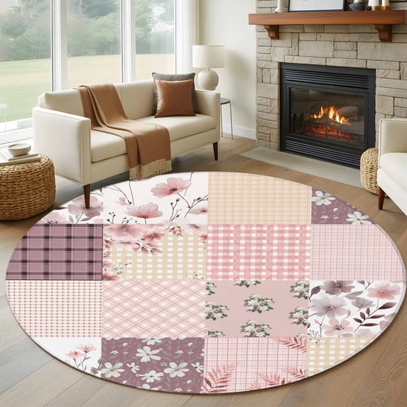 Round Area Rug 8 Ft, Boho Spring Floral Washable Non-Slip Circle Carpet for Living Room/Bedroom, Vintage Flowers Patchwork Plaid Pink Collection Low-Profile Large Area Rugs for Indoor