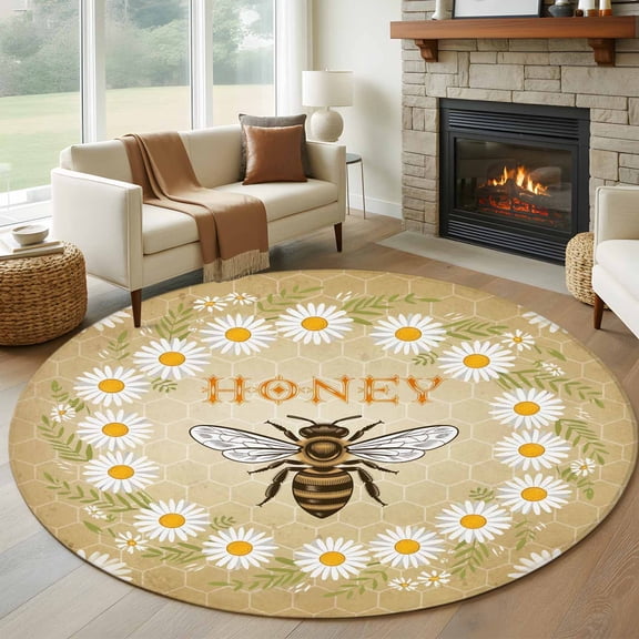 Round Area Rug 8 Ft, Brown Daisy Bees Washable Non-Slip Circle Carpet for Living Room/Bedroom, Spring Farmhouse Honey Floral Rings Collection Low-Profile Large Area Rugs for Indoor