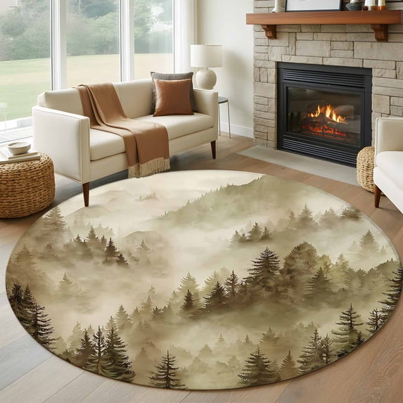 Round Area Rug 8 Ft, Brown Mountain Washable Non-Slip Circle Carpet for Living Room/Bedroom, Misty Forest Nature Woodland Pine Tree Landscape Collection Low-Profile Large Area Rugs for Indoor