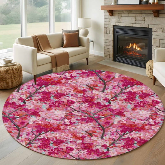 Round Area Rug 8 Ft, Cherry Blossom Washable Non-Slip Circle Carpet for Living Room/Bedroom, Spring Watercolor Flowers Modern Abstract Art Collection Low-Profile Large Area Rugs for Indoor