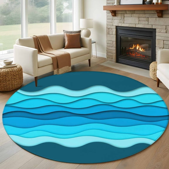 Round Area Rug 8 Ft, Coastal Blue Wave Washable Non-Slip Circle Carpet for Living Room/Bedroom, Summer Ocean Beach Modern Sea Gradient Collection Low-Profile Large Area Rugs for Indoor