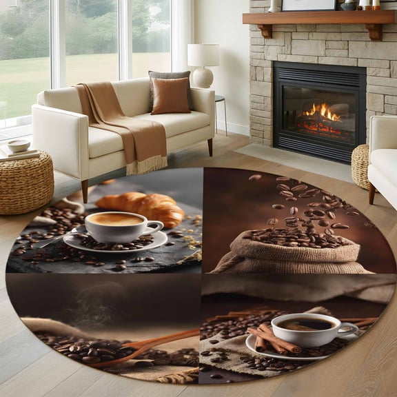 Round Area Rug 8 Ft, Coffee Beans Washable Non-Slip Circle Carpet for Living Room/Bedroom, Brown Hot Cafe Latte Cup Drink Country Collection Low-Profile Large Area Rugs for Indoor