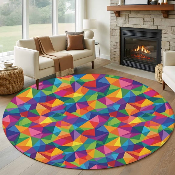 Round Area Rug 8 Ft, Colorful Geometric Washable Non-Slip Circle Carpet for Living Room/Bedroom, Modern Multicolor Abstract Motifs Collection Low-Profile Large Area Rugs for Indoor