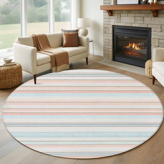 Round Area Rug 8 Ft, Colorful Striped Washable Non-Slip Circle Carpet for Living Room/Bedroom, Pink Blue Gray Rainbow Abstract Stripes Collection Low-Profile Large Area Rugs for Indoor