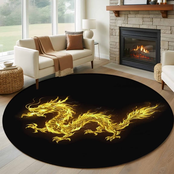 Round Area Rug 8 Ft, Dragon Flames Washable Non-Slip Circle Carpet for Living Room/Bedroom, Yellow Dragons Abstract Modern Art Collection Low-Profile Large Area Rugs for Indoor