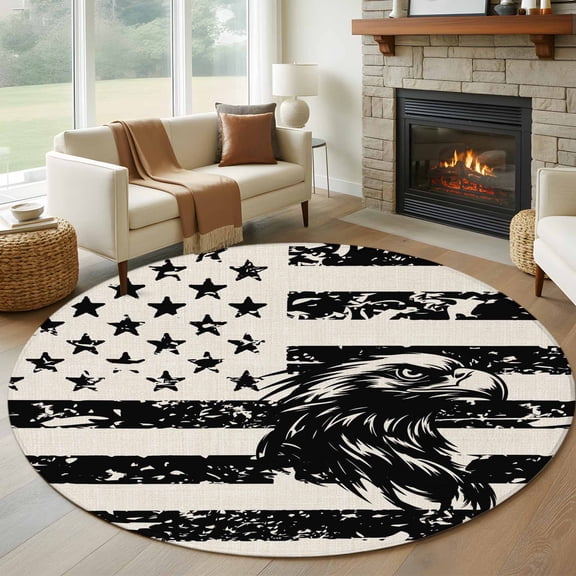 Round Area Rug 8 Ft, Eagle American Flag Washable Non-Slip Circle Carpet for Living Room/Bedroom, USA Flag Vintage Art Collection Low-Profile Large Area Rugs for Indoor