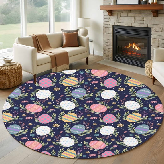 Round Area Rug 8 Ft, Easter Bunny Washable Non-Slip Circle Carpet for Living Room/Bedroom, Colorful Eggs Spring Leaves Daisy Navy Blue Collection Low-Profile Large Area Rugs for Indoor