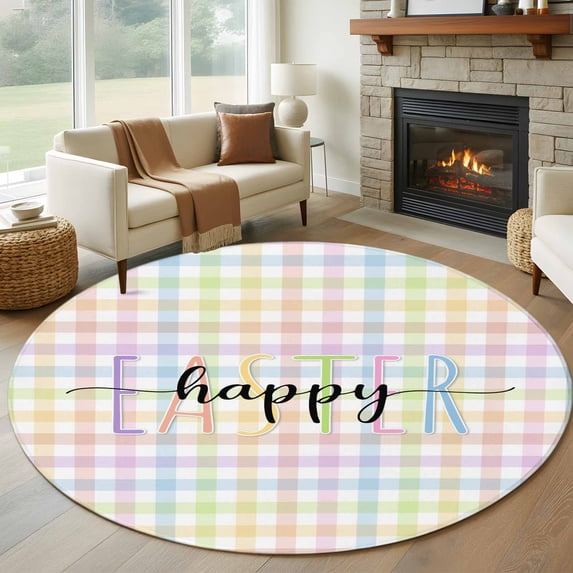 Round Area Rug 8 Ft, Easter Washable Non-Slip Circle Carpet for Living Room/Bedroom, Colorful Checkered Plaid Spring Gingham Textured Collection Low-Profile Large Area Rugs for Indoor