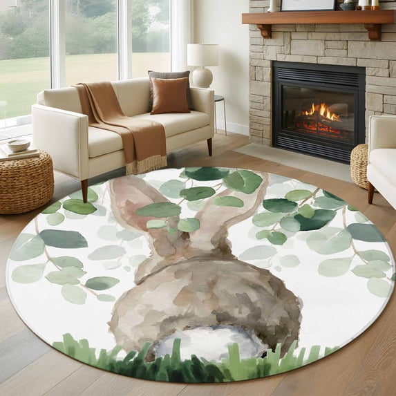 Round Area Rug 8 Ft, Easter Washable Non-Slip Circle Carpet for Living Room/Bedroom, Spring Bunny Botanical Eucalyptus Leaves Plants Collection Low-Profile Large Area Rugs for Indoor
