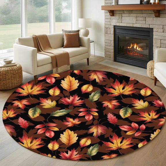 Round Area Rug 8 Ft, Fall Brown Maple Washable Non-Slip Circle Carpet for Living Room/Bedroom, Thanksgiving Autumn Leaves Country Rustic Collection Low-Profile Large Area Rugs for Indoor