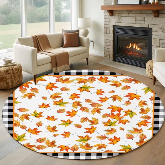 Round Area Rug 8 Ft, Fall Maple Leaf Washable Non-Slip Circle Carpet for Living Room/Bedroom, Thanksgiving Autumn Black White Plaid Collection Low-Profile Large Area Rugs for Indoor