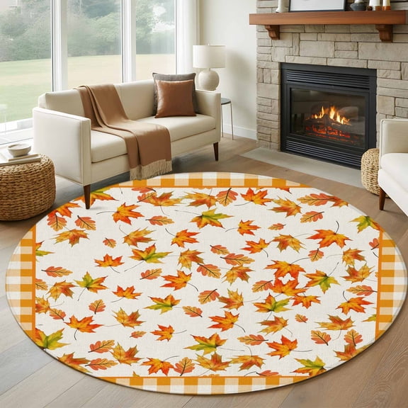 Round Area Rug 8 Ft, Fall Maple Leaf Washable Non-Slip Circle Carpet for Living Room/Bedroom, Thanksgiving Autumn Orange Plaid Collection Low-Profile Large Area Rugs for Indoor
