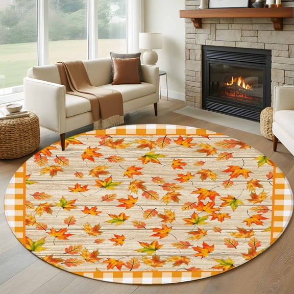 Round Area Rug 8 Ft, Fall Maple Leaf Washable Non-Slip Circle Carpet for Living Room/Bedroom, Thanksgiving Farmhouse Wood Orange Plaid Collection Low-Profile Large Area Rugs for Indoor