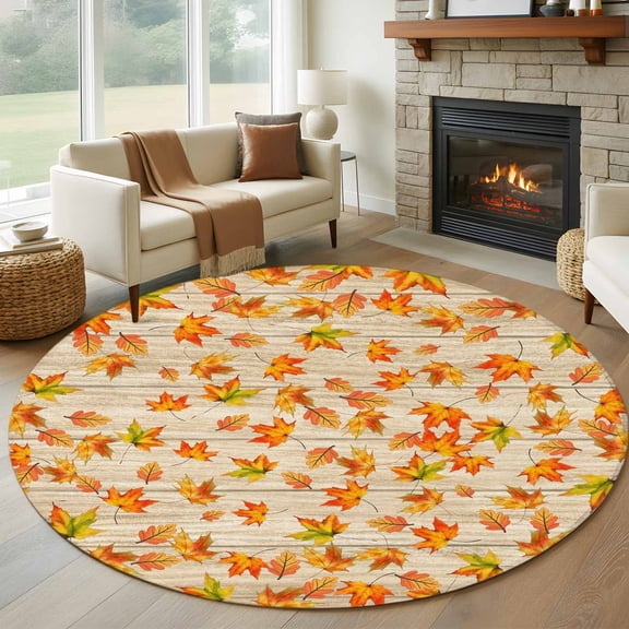Round Area Rug 8 Ft, Fall Maple Leaf Washable Non-Slip Circle Carpet for Living Room/Bedroom, Thanksgiving Farmhouse Wooden Grain Collection Low-Profile Large Area Rugs for Indoor
