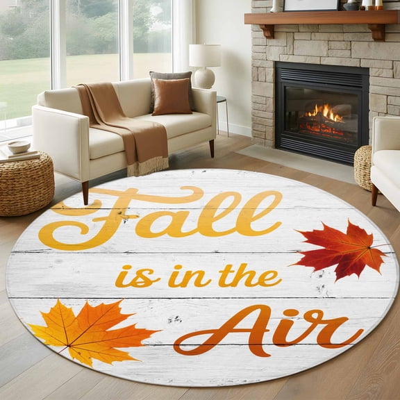 Round Area Rug 8 Ft, Fall Maple Washable Non-Slip Circle Carpet for Living Room/Bedroom, Thanksgiving Leaves Rustic Wooden Grain Collection Low-Profile Large Area Rugs for Indoor