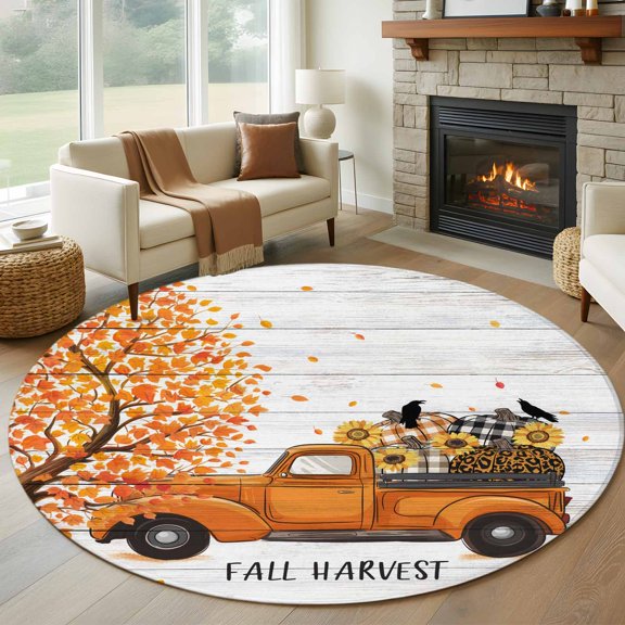 Round Area Rug 8 Ft, Fall Pumpkins Washable Non-Slip Circle Carpet for Living Room/Bedroom, Thanksgiving Maple Country Cart Harvest Collection Low-Profile Large Area Rugs for Indoor